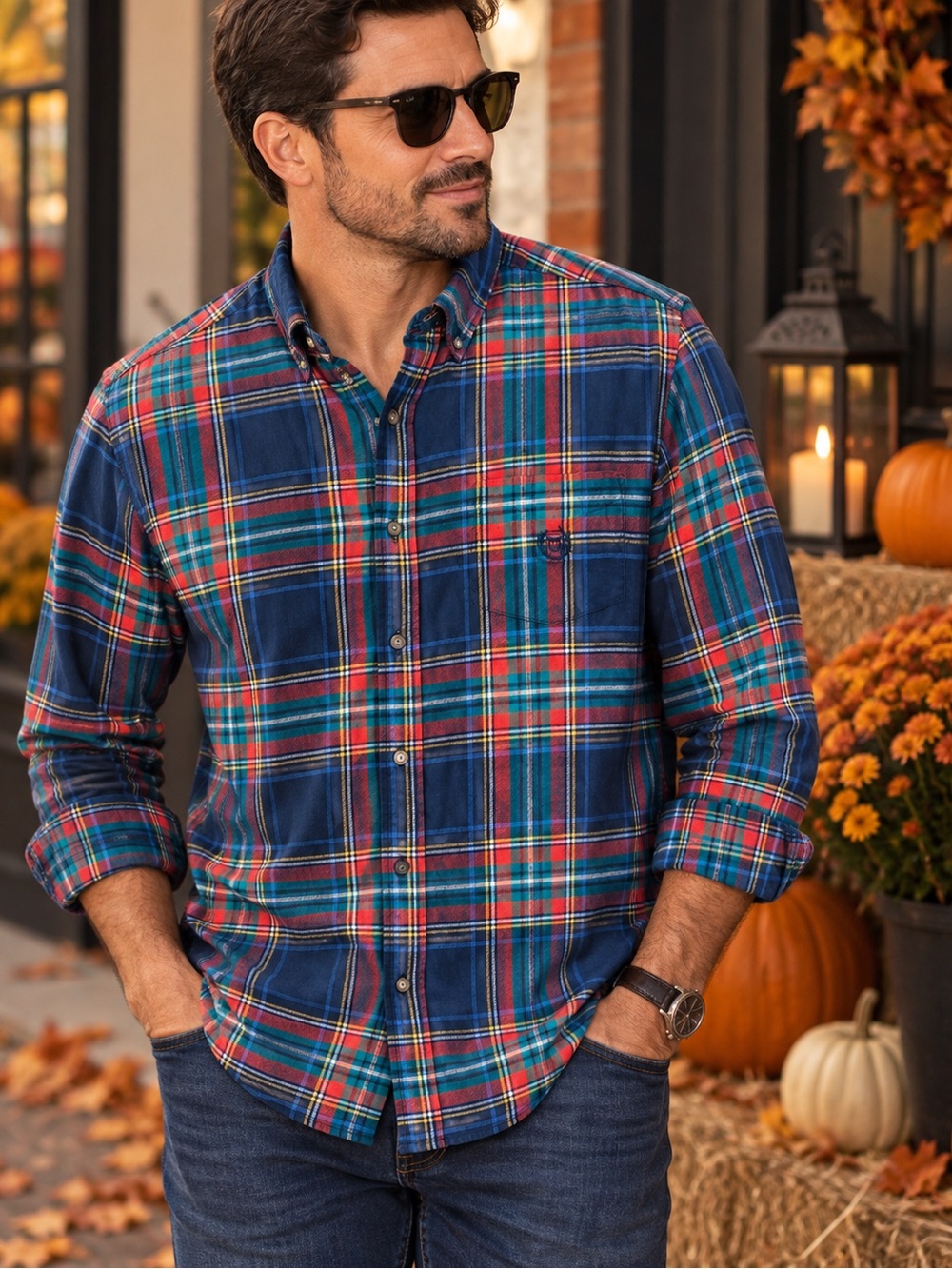 81. Chaps Navy, Red & Teal Plaid Button-Down Shirt